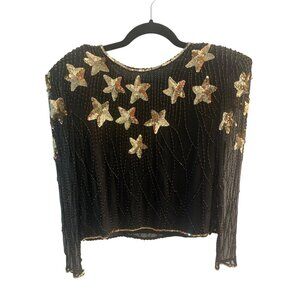 O.R. SILK 100 % Vintage Sequined Star Blouse with Sheer Beaded Sleeves SZ P